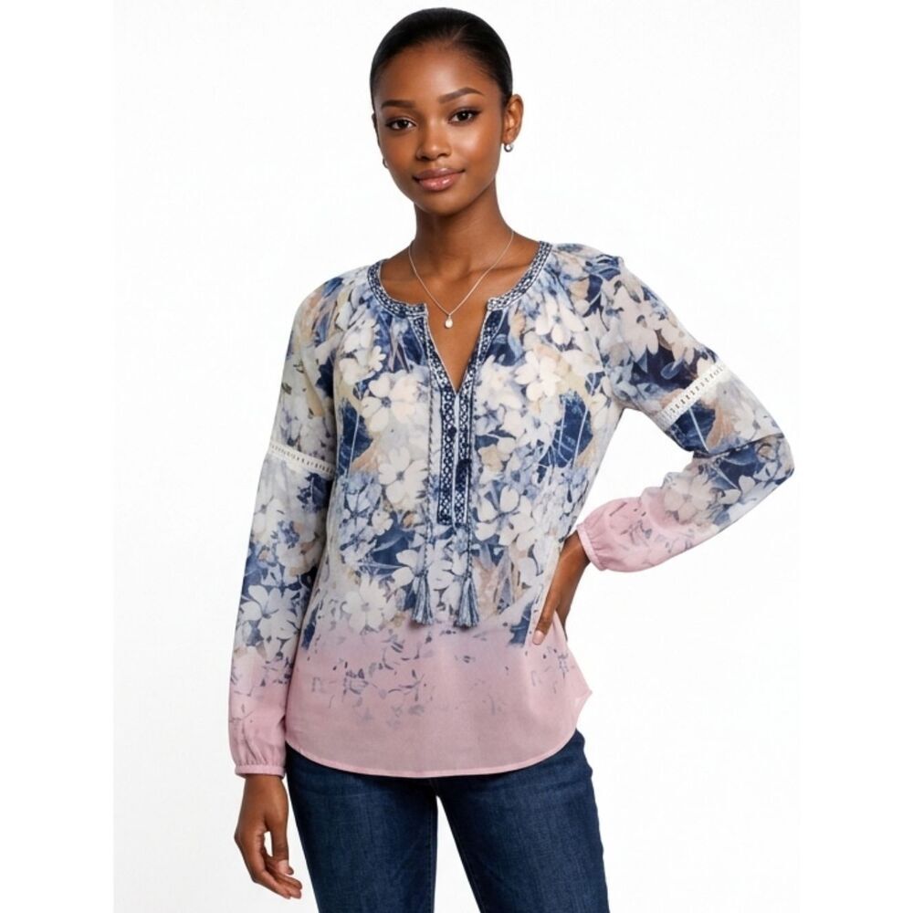 Vintage America Rochelle Blue & Pink Floral Tassil Long Sleeve Chiffon Blouse